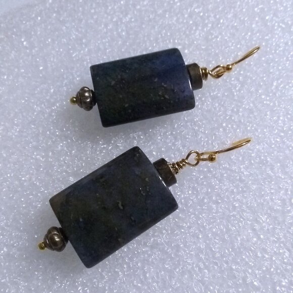 Minimalist! Night Sky + Stars! Deep Blue Speckled Jasper Earrings - Picture 4 of 6